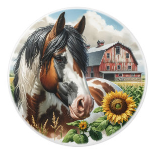 Bouton De Porte En Céramique Un cheval, grange rustique et tournesols