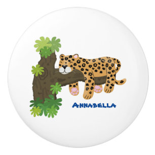 Bouton De Porte En Céramique Un mignon léopard dormant dans un arbre dessin ani