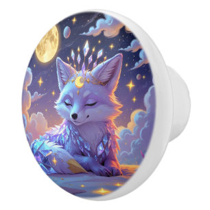 Bouton De Porte En Céramique Un petit Renard de la Lune aux murmures d'étoiles