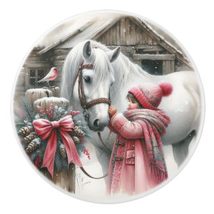 Bouton De Porte En Céramique Une petite fille et son cheval blanc
