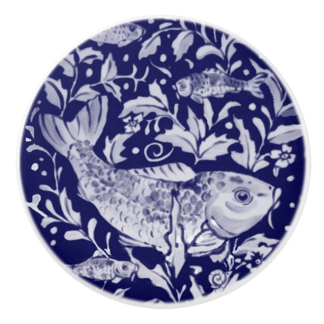 Bouton De Porte En Céramique Unique Blue & White Koi Poisson Stylisé Plante d'é (Devant)