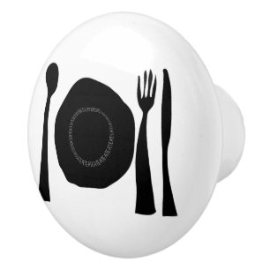 Bouton De Porte En Céramique Ustensiles de cuisine noir et blanc