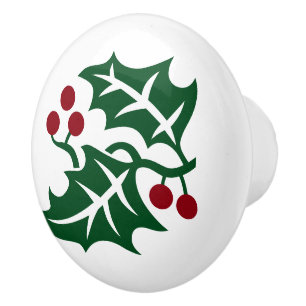 Bouton De Porte En Céramique Vacances de Noël Green Holly et Red Berries