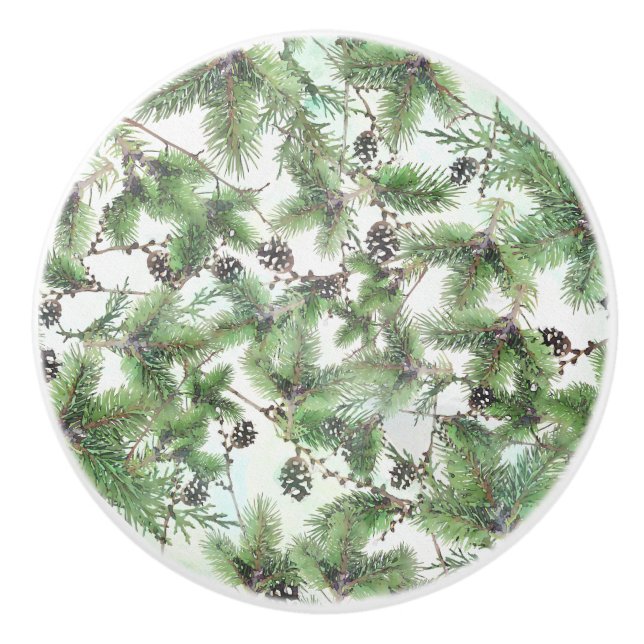 Bouton De Porte En Céramique Vacances Green et Pine Cônes Pays Hiver Rustique (Devant)
