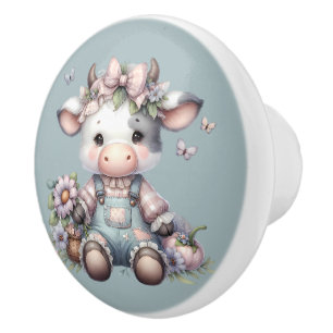 Bouton De Porte En Céramique Vache Bébé mignonne Pastel dans les salons avec fl