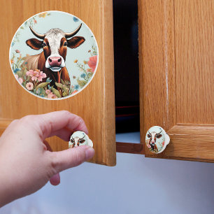 Bouton De Porte En Céramique Vache de Ferme dans les Fleurs