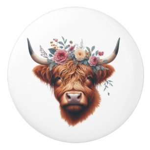 Bouton De Porte En Céramique Vache des hautes terres mignonne, florale/printani