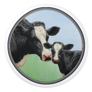 Bouton De Porte En Céramique Vache et veau Holstein