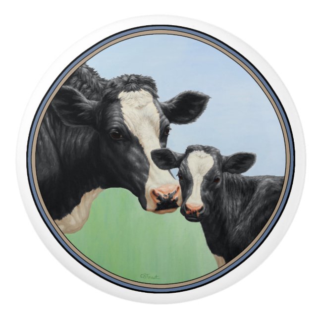 Bouton De Porte En Céramique Vache et veau Holstein (Devant)