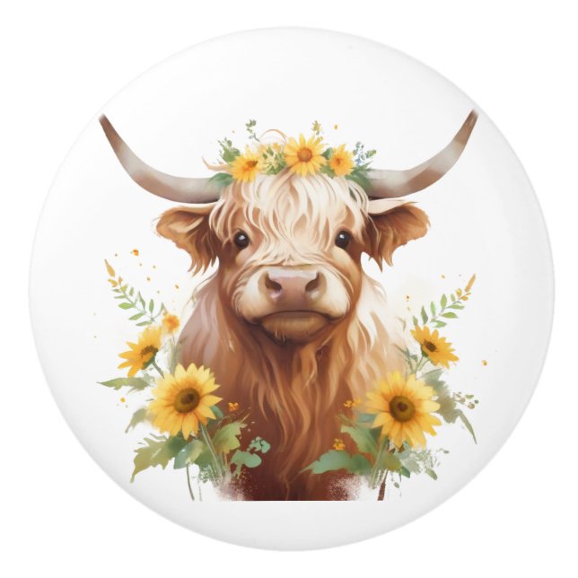 Bouton De Porte En Céramique Vache Highland avec Couronne de fleurs de tourneso (Devant)