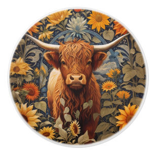 Bouton De Porte En Céramique Vache highlandaise de campagne rustique tournesols