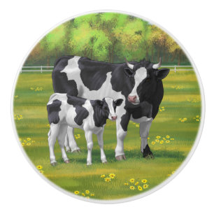 Bouton De Porte En Céramique Vache Holstein et veau mignon en pâturage d'été