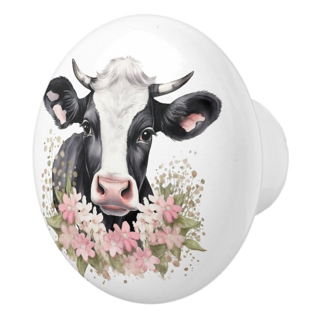 Bouton De Porte En Céramique Vache noire et blanche en fleurs (Droite)