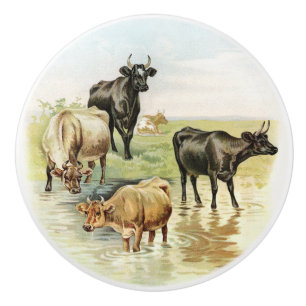 Bouton De Porte En Céramique Vaches de campagne de style Vintage