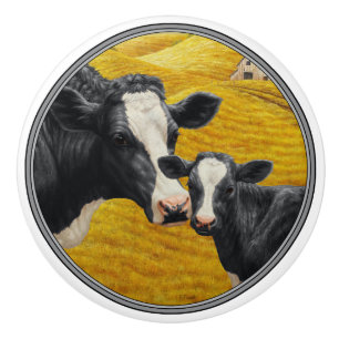 Bouton De Porte En Céramique Vaches Holstein et vieille grange en bois