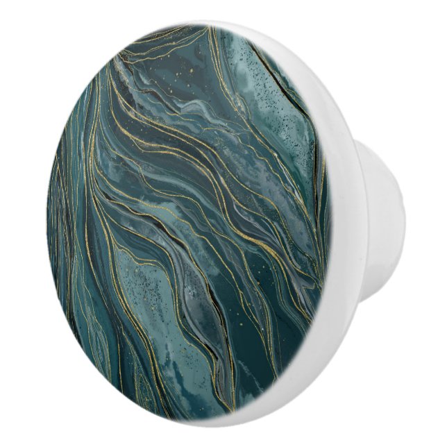 Bouton De Porte En Céramique Vagues d'aquarelle Abstraite turquoise Blue Gold (Droite)