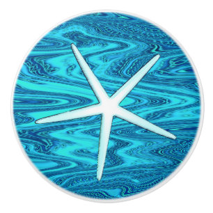 Bouton De Porte En Céramique Vagues de plage étoile de mer Bleu sarcelle Blanc 