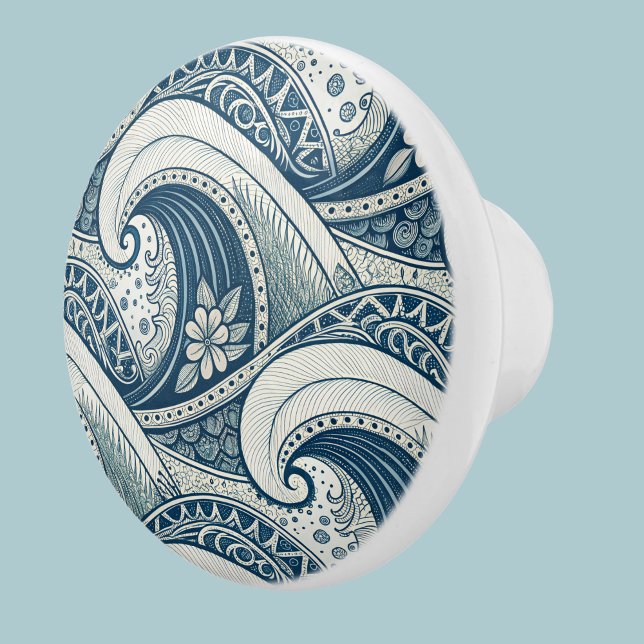 Bouton De Porte En Céramique Vagues de plage polynésiennes et fleurs motif ethn (Créateur téléchargé)