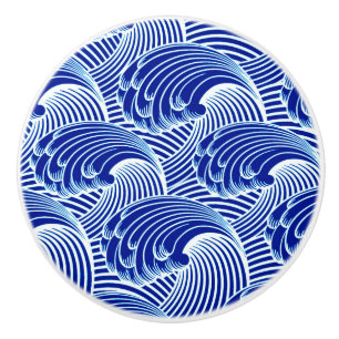 Bouton De Porte En Céramique Vagues japonaises vintages, bleu de cobalt et