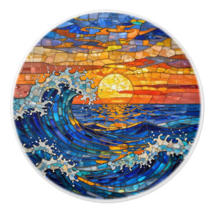 Bouton De Porte En Céramique Vagues océaniques côtières Coucher de soleil