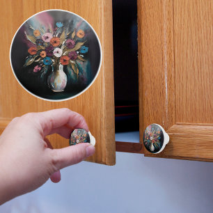 Bouton De Porte En Céramique Vase à fleurs peint à l'huile