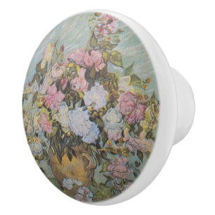 Bouton De Porte En Céramique Vase Van Gogh vintage avec roses roses roses