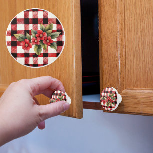 Bouton De Porte En Céramique Vérification de buffle rouge avec fleurs