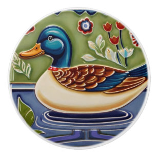 Bouton De Porte En Céramique Vert & Bleu Mallard Canard Européens Folk Animal A