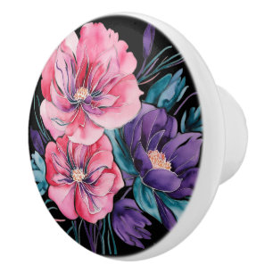 Bouton De Porte En Céramique Vert-de-gris et florales roses avec or métallisé