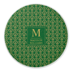 Bouton De Porte En Céramique Vert émeraude et or, motif damassé sans couture