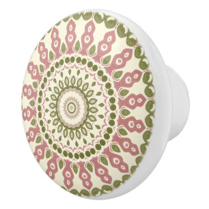 Bouton De Porte En Céramique Vert et Rose Mandala Vintage Motif bohème