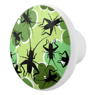 Bouton De Porte En Céramique Vert floral de motif de cricket + Noir