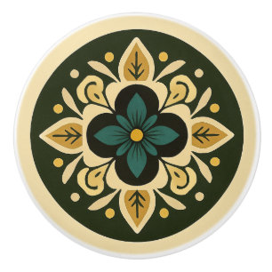 Bouton De Porte En Céramique Vert, or et crème Cottagecore Art folklorique