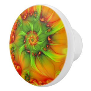 Bouton De Porte En Céramique Vert Orange Abstrait Fractal Coloré Été Chaud