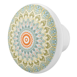 Bouton De Porte En Céramique Vert orange et bleu Mandala Design Kaleidoscope