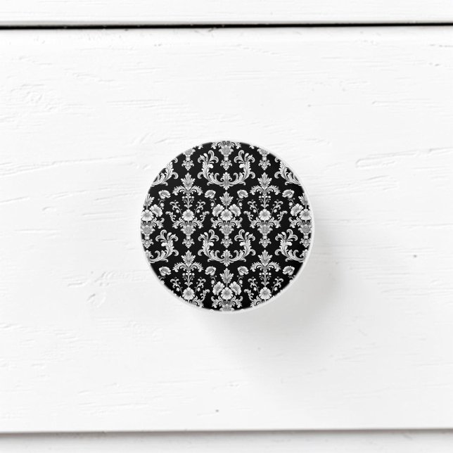 Bouton De Porte En Céramique Victorian Black and White Damask Pattern (Créateur téléchargé)