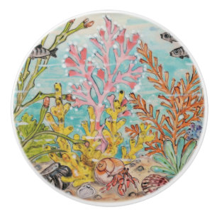 Bouton De Porte En Céramique Vie de la mer côtière Hermite Crabes Coques Corail