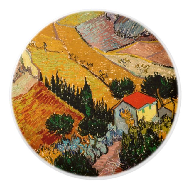 Bouton De Porte En Céramique Vincent van Gogh - Paysage, Maison et Plowman (Devant)