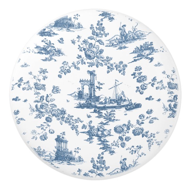 Bouton De Porte En Céramique Vintage Anglais Floral Toile de Jouy-Blue (Devant)