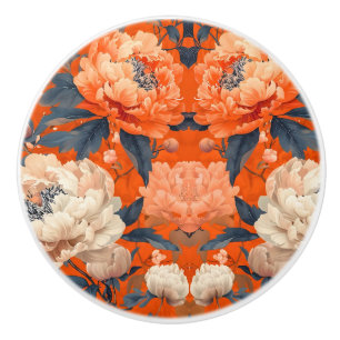 Bouton De Porte En Céramique Vintage Art Nouveau Blanc Orange Floral W. Morris