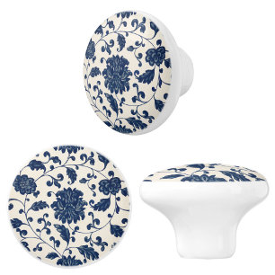 Bouton De Porte En Céramique Vintage Bleu Blanc Chinoiserie Motif Floral