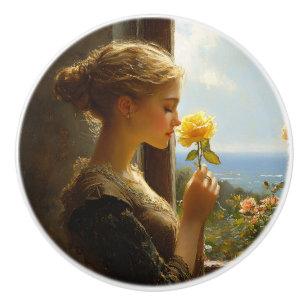 Bouton De Porte En Céramique Vintage dame avec une peinture rose jaune