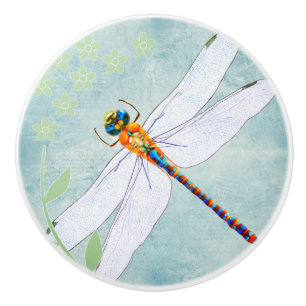 Bouton De Porte En Céramique Vintage Dragonfly on Faded Floral