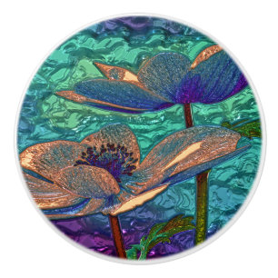 Bouton De Porte En Céramique vintage iris design bleu et vert