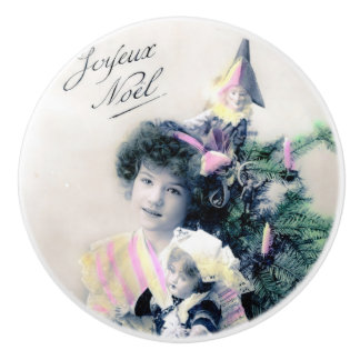 Bouton De Porte En Céramique Vintage Joyeux Noël avec fille et poupée