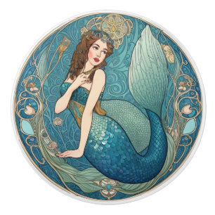 Bouton De Porte En Céramique Vintage Mermaid Art Nouveau Retro Déco Turquoise