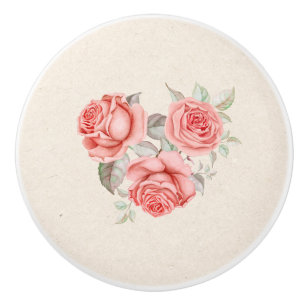 Bouton De Porte En Céramique Vintage Pêche Corail Roses Verdure Feuilles