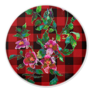 Bouton De Porte En Céramique Vintage Rose rouge et noir plaid
