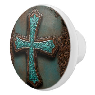 Bouton De Porte En Céramique Vintage Turquoise Brown Western Country Cross