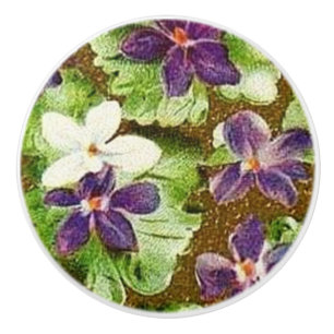 Bouton De Porte En Céramique Violettes pourpres vertes florales vintages